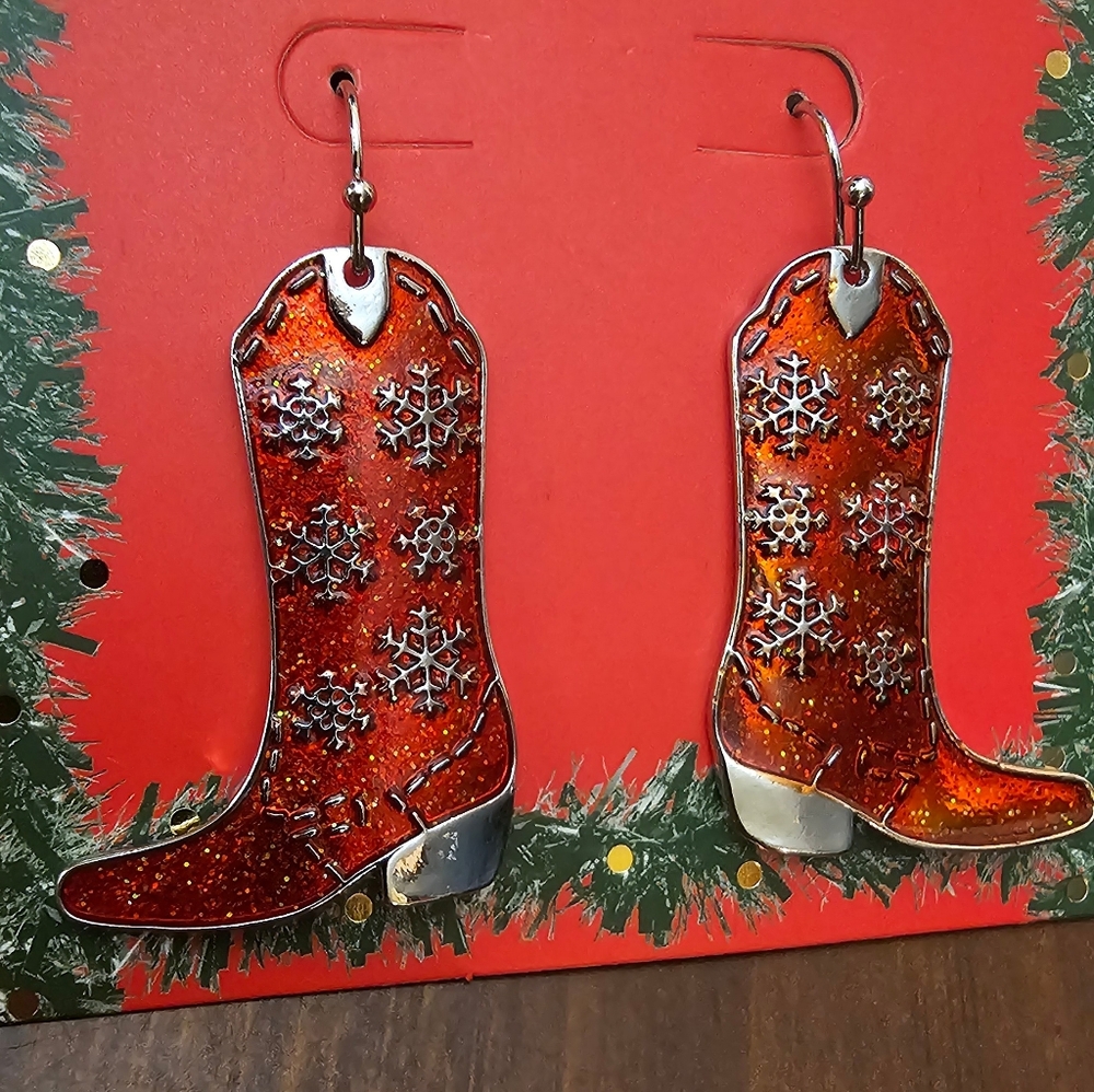 Silver Tone and Red Enamel Glitter Snowflake Cowboy Boot Drop Earrings NWT - Picture 5 of 7